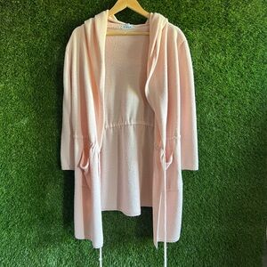 Fobya Hooded Knit Open Cardigan Light Pink Long Drawstring Waist L XL
